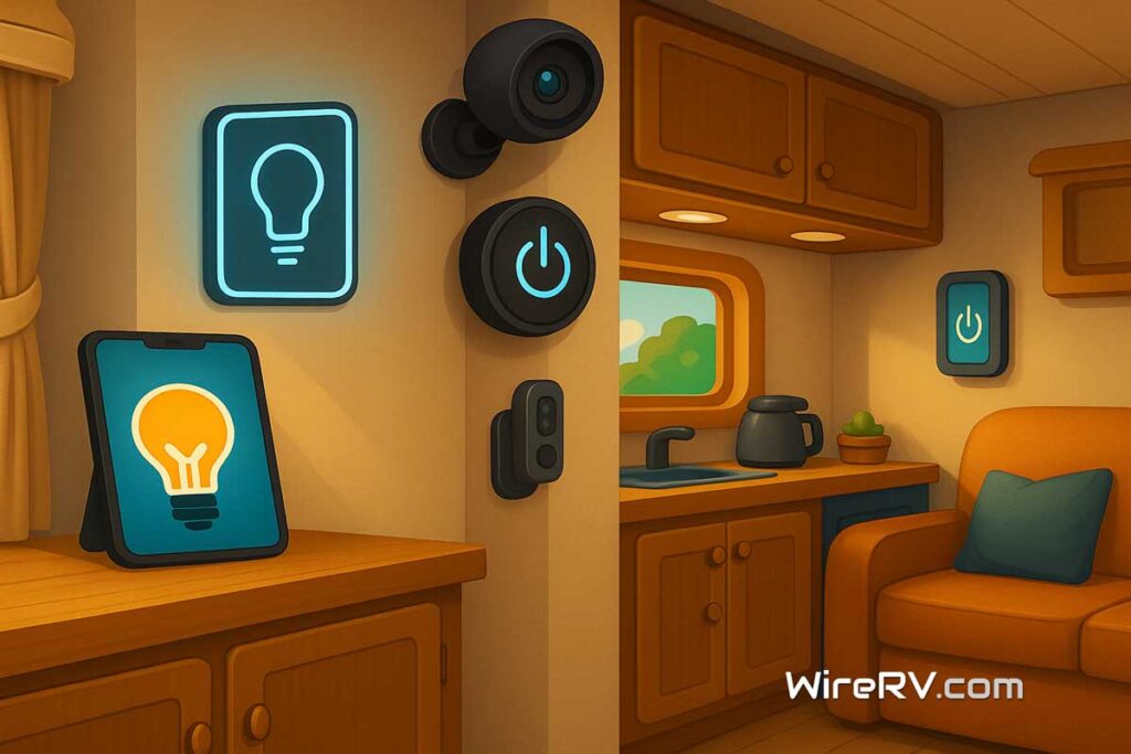 Interior of a cozy DIY Smart RV with smart home devices like a camera, light switch, and tablet on display.