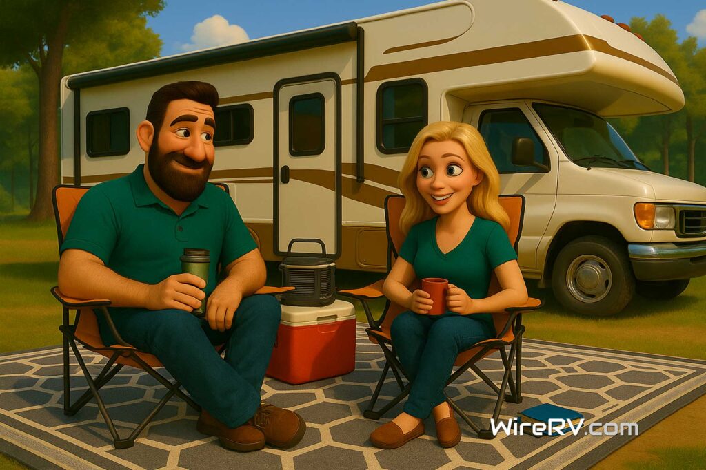 Hank and Summer enjoying downtime on a patterned RV rug at their campsite. Hank and Summer relax under the awning of their RV, seated on a large gray-and-white hexagon-patterned outdoor rug, with a cooler and picnic items nearby.
