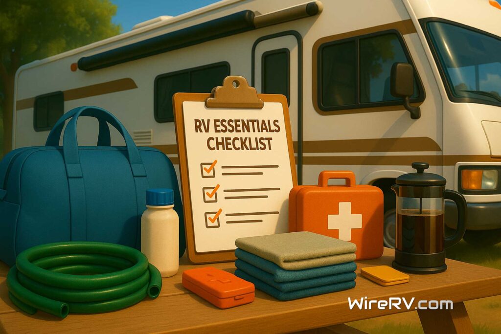 RV Essentials Checklist visual featuring must-have gear for life on the road. RV Essentials Checklist items arranged on a campsite table next to a white RV under a sunny sky.