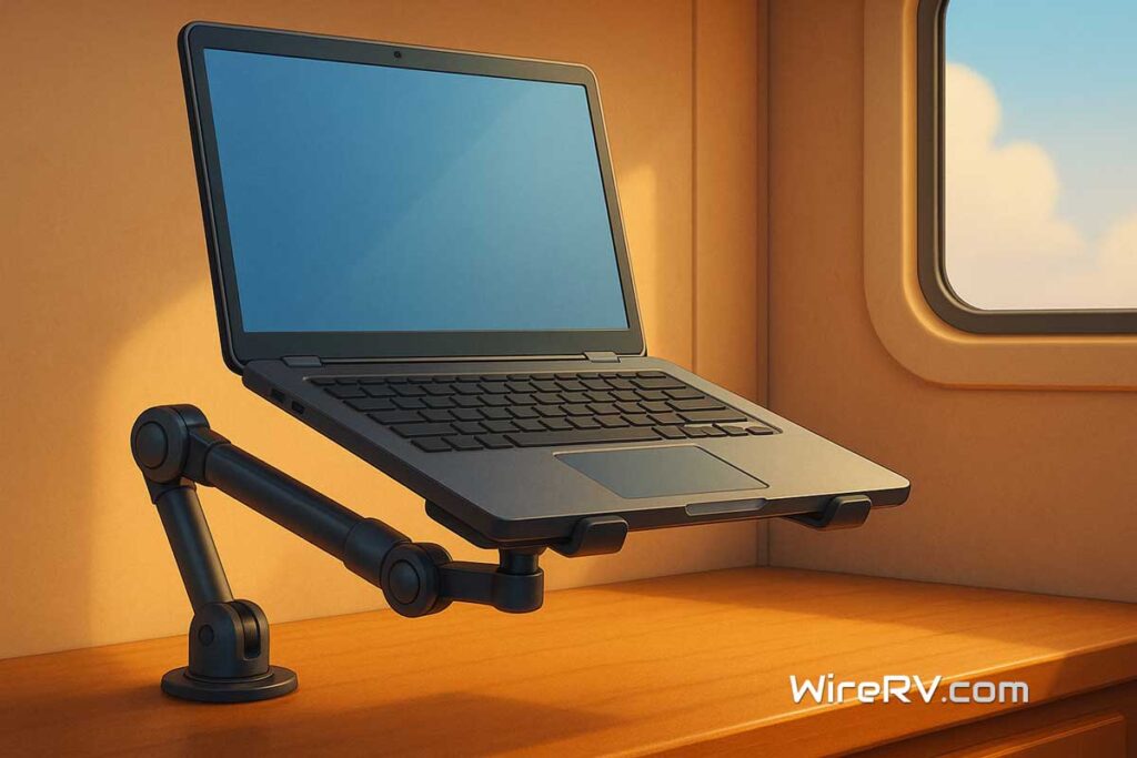 RV laptop mounts setup with monitor arm and workspace accessories in a cozy interior.