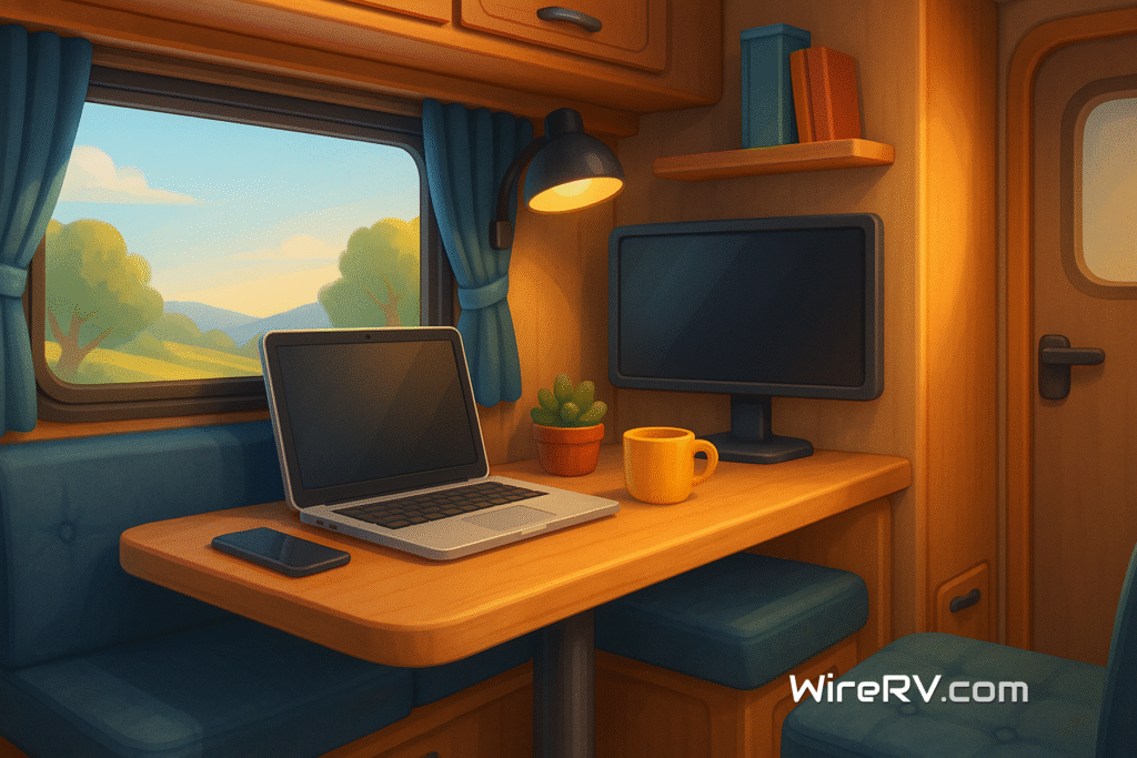 Cozy RV office setup with desk, monitor, and organized workspace.