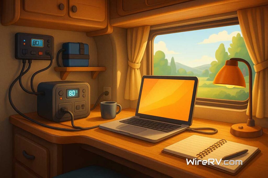 Interior view of an RV solar workstation with battery bank, solar monitor, and tech gear in a cozy, semi-realistic style.