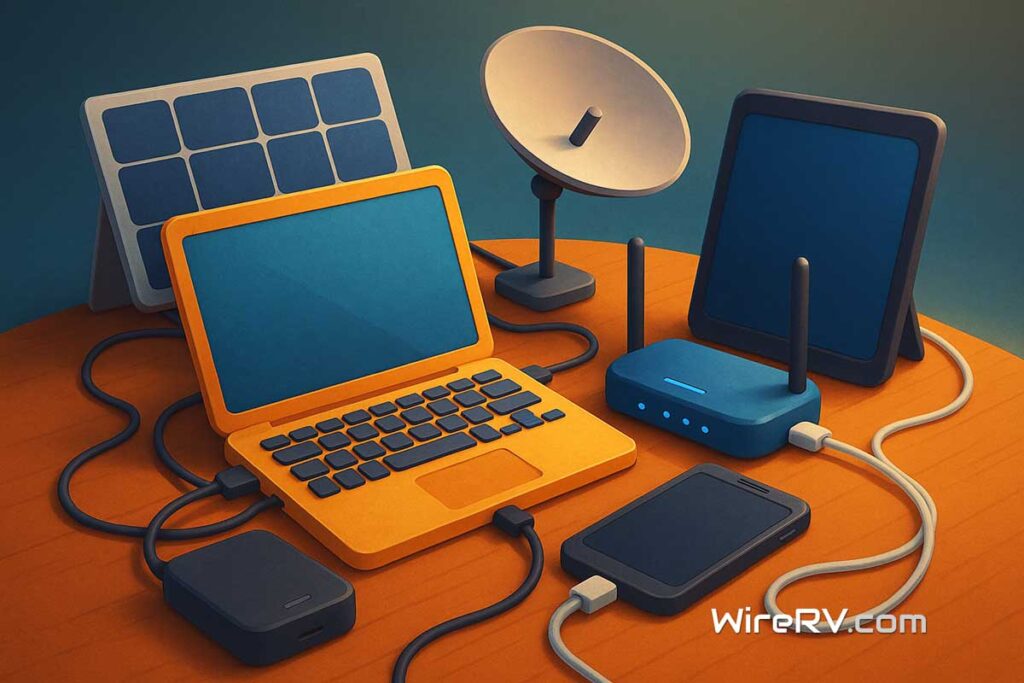 RV Tech Essentials wired together, featuring devices and power sources in a detailed setup.
