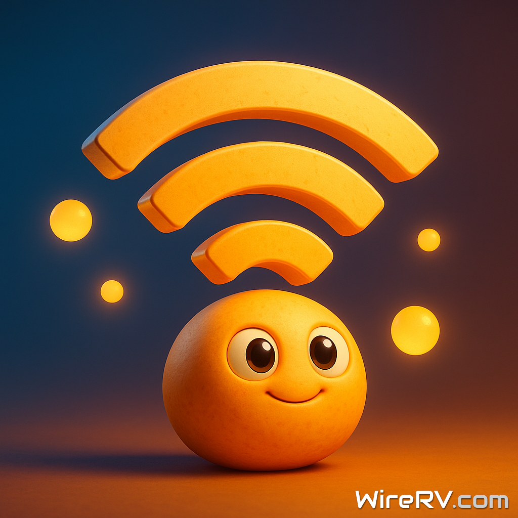 RV WiFi Setup 2025 with warm, glowing connection. RV WiFi Setup 2025 with a glowing WiFi symbol.