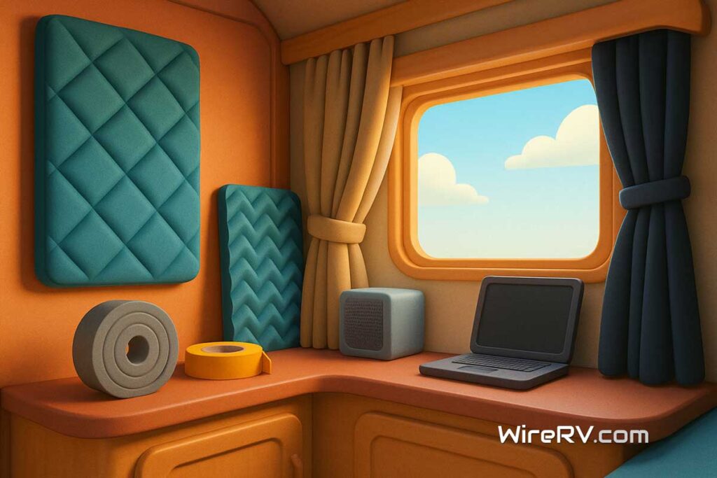Interior view of an RV showing items used to Soundproof Your RV, including curtains, foam panels, and rugs in a cozy, animated style.