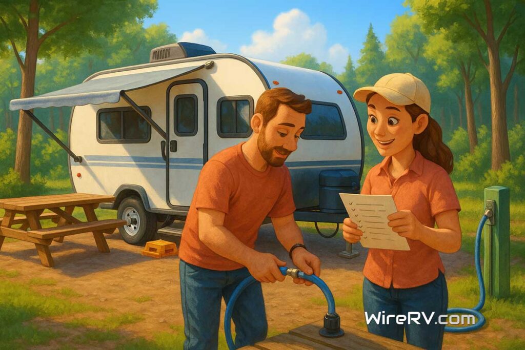 First-Time RV Owner Guide: at Campground – Start Your Journey with Confidence First-Time RV Owner Guide - Smiling first-time RV owners standing beside a new travel trailer at a scenic campground.
