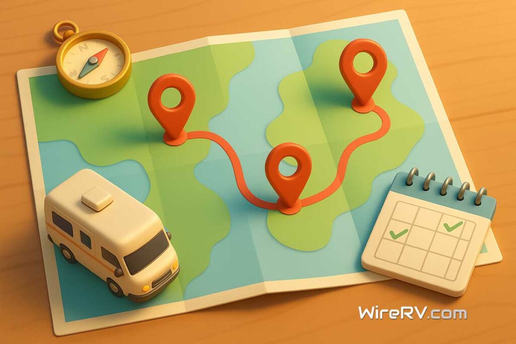 Plan an RV Trip with this visual guide showing route planning essentials including an RV, compass, and calendar. How to plan an RV trip - illustration of a travel map with red route markers, a beige RV, a compass, and a calendar.