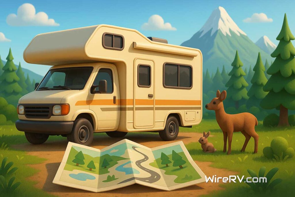 Full-Time RV Living scene with an RV parked in nature, a travel map in the foreground, and wildlife like a deer and rabbit nearby.