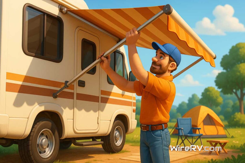 Man adjusts awning on RV at sunny campsite as part of the WireRV Setup Guide.