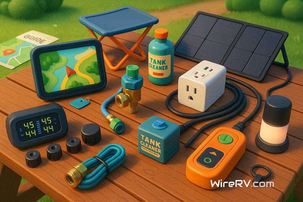 An illustration of must-have RV gadgets displayed on a picnic table outdoors, including solar panels, GPS, surge protector, water pressure regulator, and more camping gear.