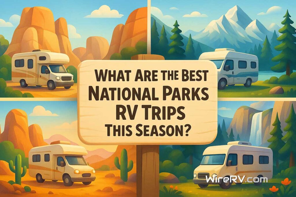 driving through four seasonal National Park landscapes, with a wooden sign asking 'What Are the Best National Parks RV Trips This Season?'"