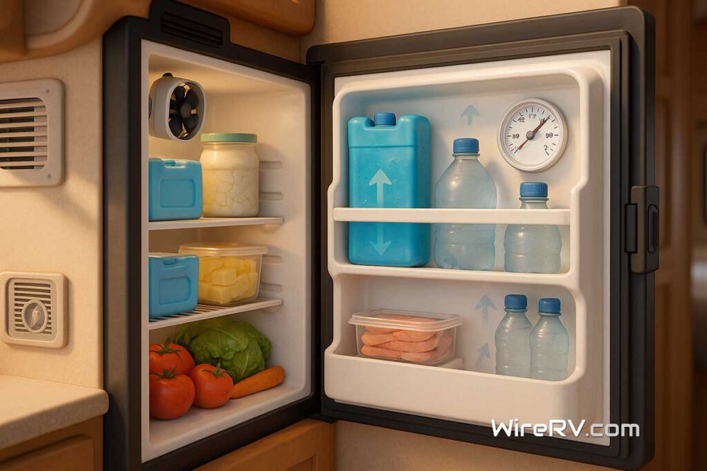 Keep RV Fridge Cold tips illustrated: RV fridge scene emphasizing airflow and safe temperature habits.