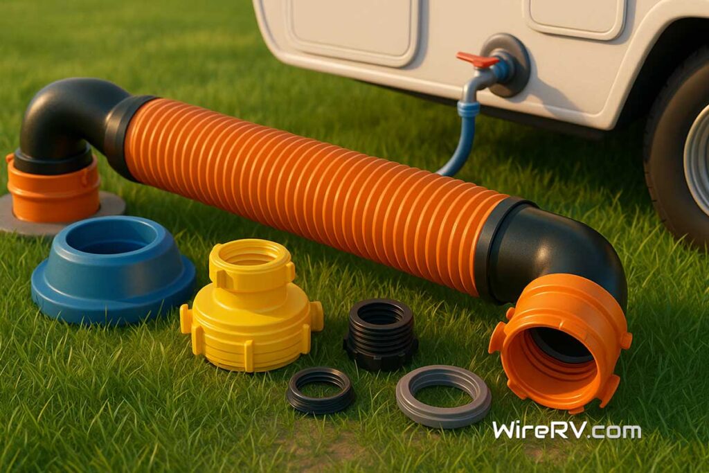 RV Sewer Hookup Gear including hose, adapters, and fittings arranged on grass.