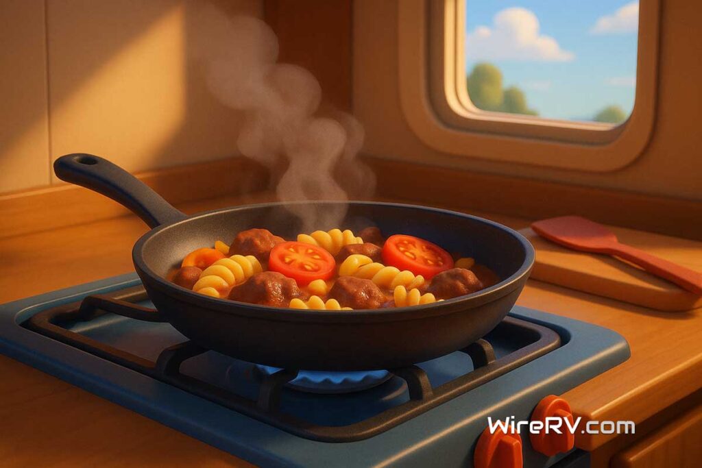 Easy RV One-Pan Dinners: one-pan meal simmering in an RV skillet Easy RV One-Pan Dinners in an RV kitchen, skillet with rotini, tomatoes, and peppers simmering on the stove in soft 3D lighting.