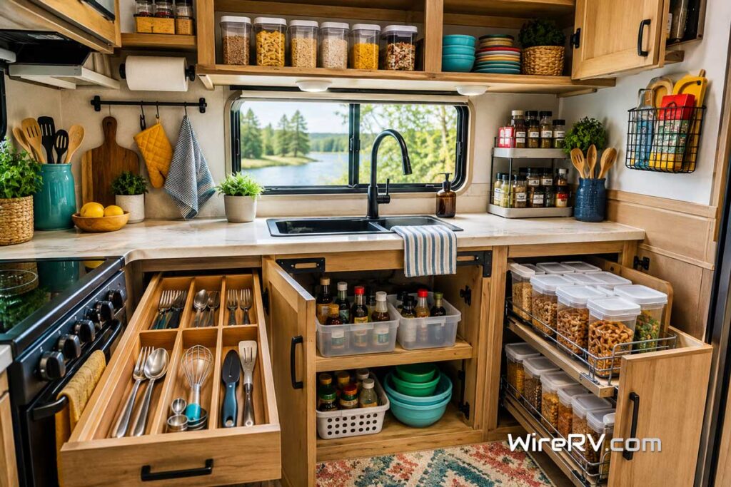 RV kitchen storage ideas with vertical pan rack, shelf riser, and bins.