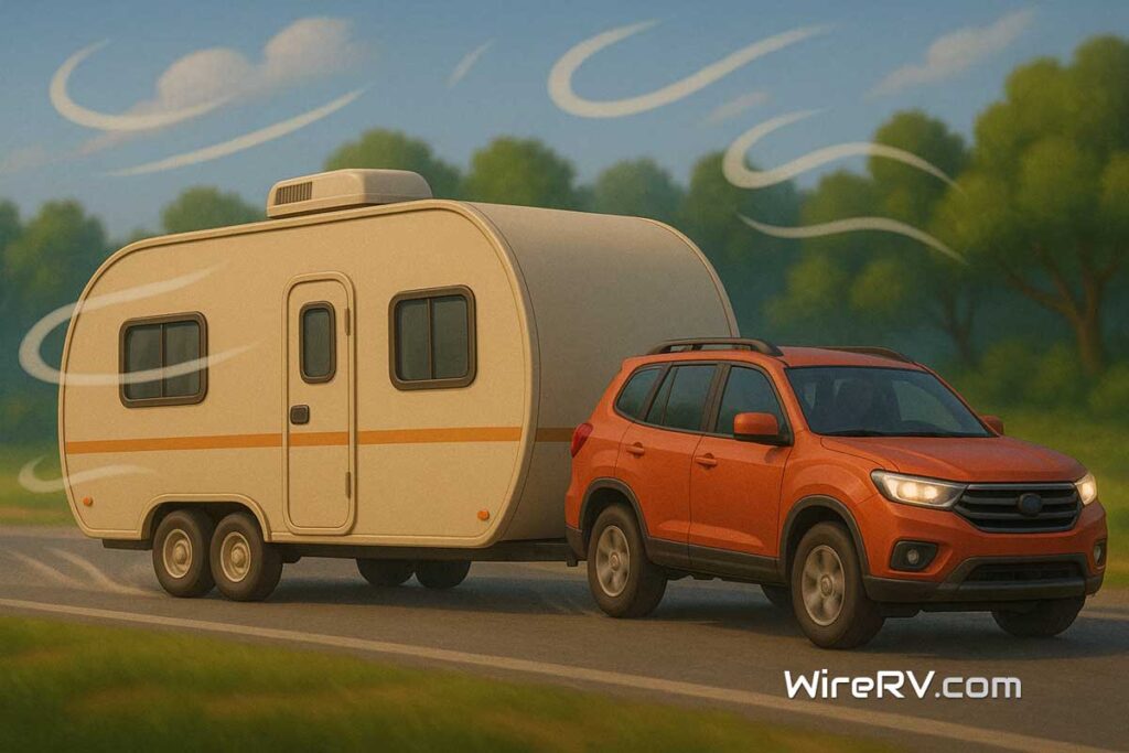 RV crosswind driving scene with an orange SUV towing a travel trailer in strong crosswinds on a two-lane highway.