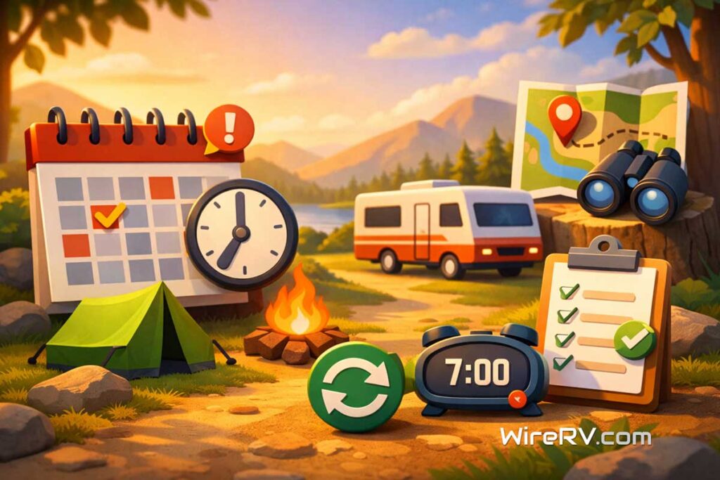 Illustration explaining campground booking windows with a calendar, clock, RV, and planning tools at a campsite.