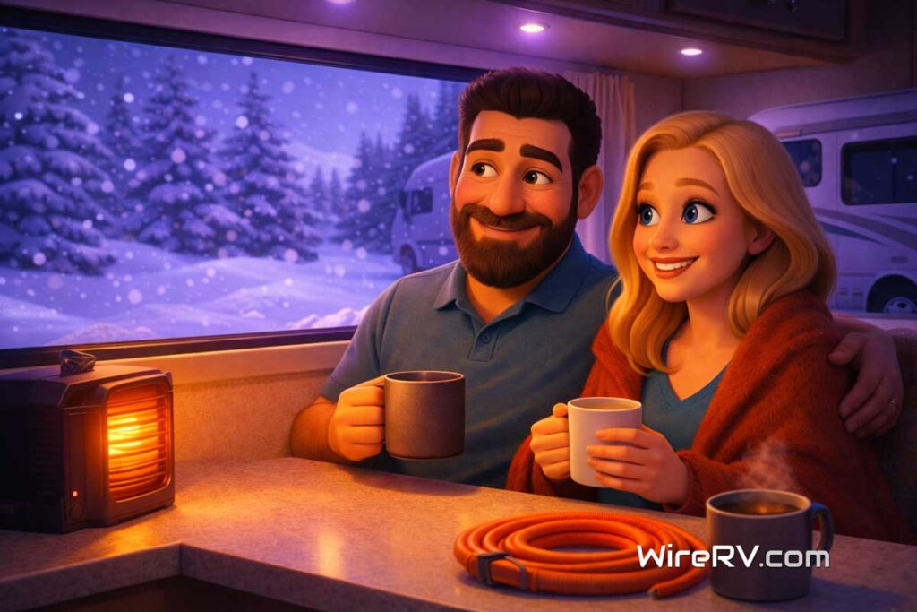 Cozy RV interior during freezing temperatures. Hank and Summer staying warm inside their RV in freezing temperatures with snow outside the window.