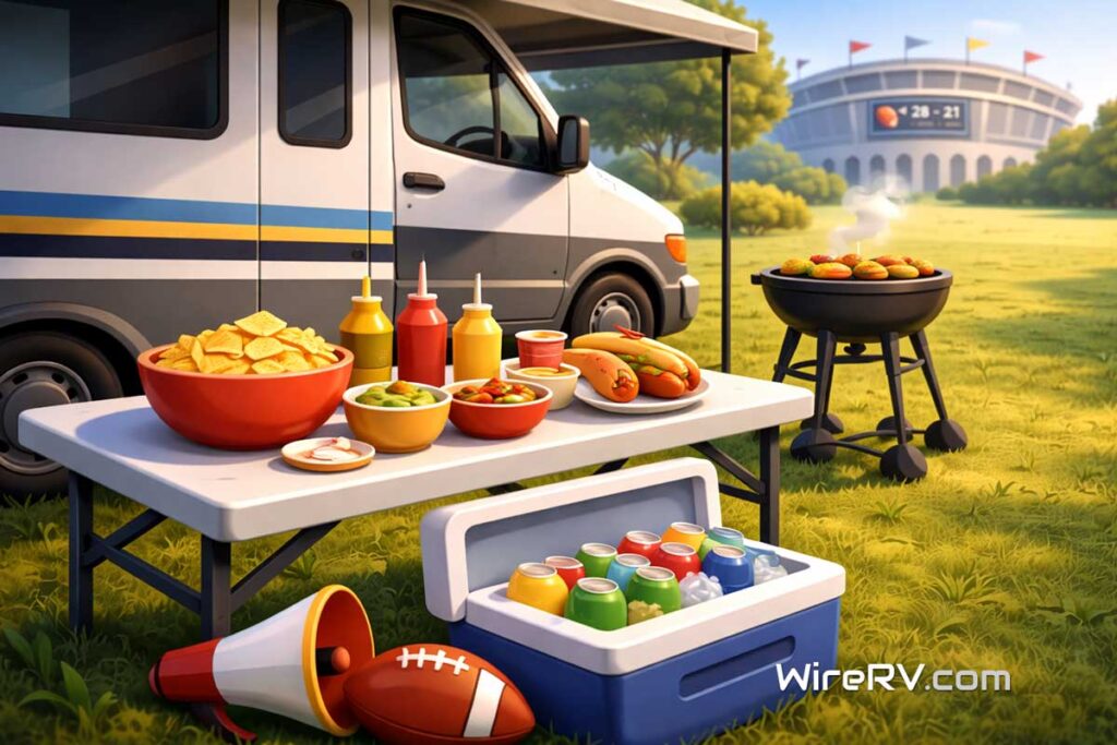RV Super Bowl tailgating food setup with grill and snacks beside an RV.