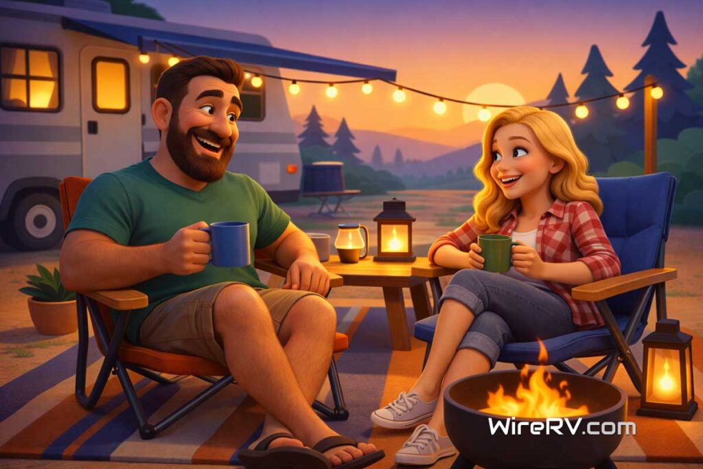 Cozy RV campsite setup with a couple relaxing by a fire pit at sunset, featuring string lights, outdoor seating, and a warm, inviting atmosphere.