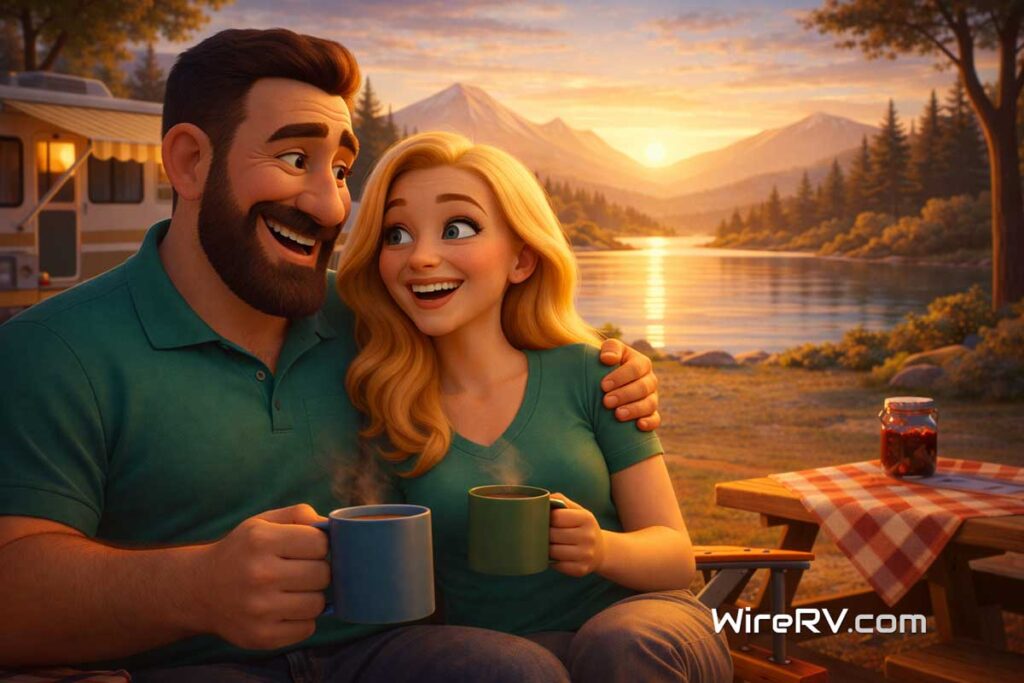Family weekend RV trips with Hank and Summer at sunrise. Family weekend RV trips with Hank and Summer enjoying morning coffee at a lakeside campsite.