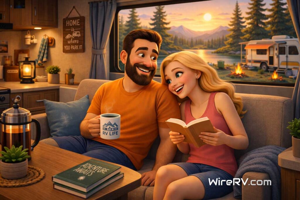 First Time RV Tips cozy RV lifestyle moment with Hank and Summer First Time RV Tips cozy RV interior relaxing after setup with Hank and Summer