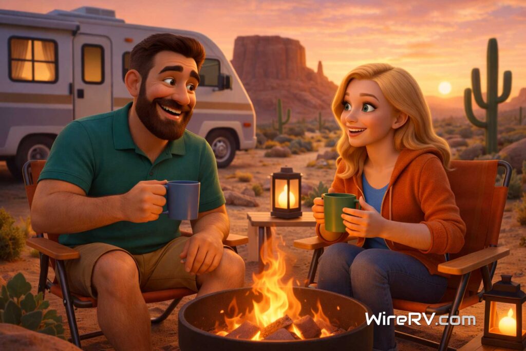 RV camping by state in desert regions with sunset boondocking setup RV camping by state in the Southwest desert with a couple relaxing by a campfire near their RV at sunset