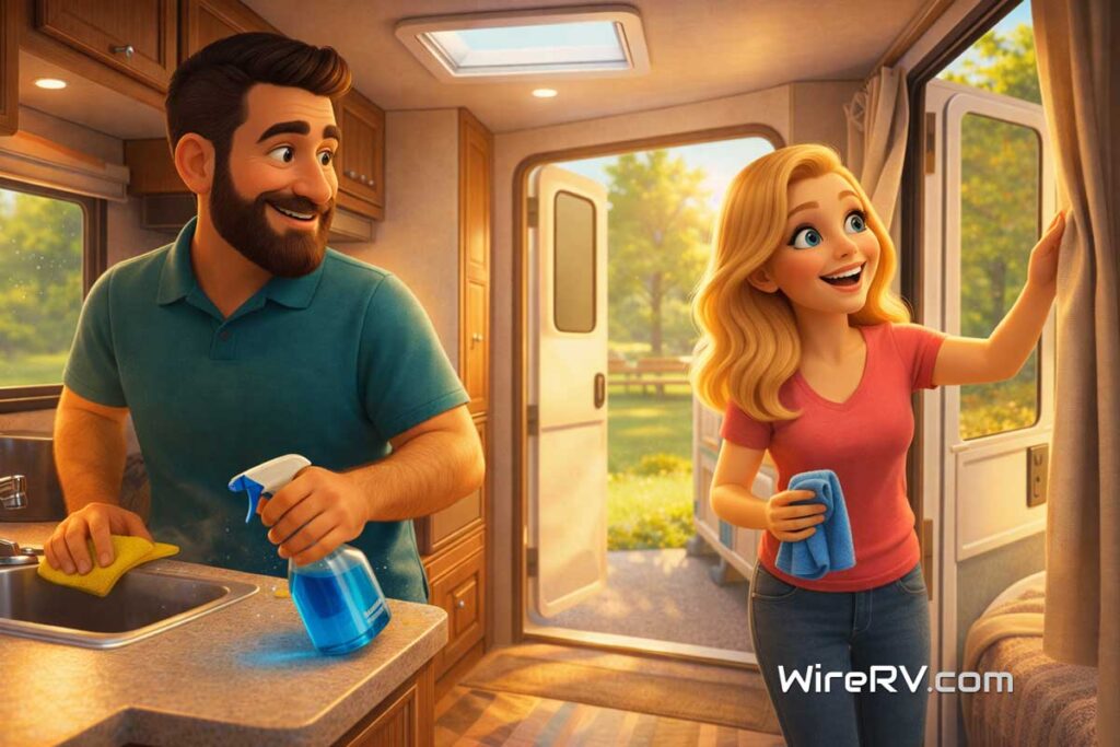 Hank and Summer cleaning and airing out the RV interior during the RV dewinterizing checklist process