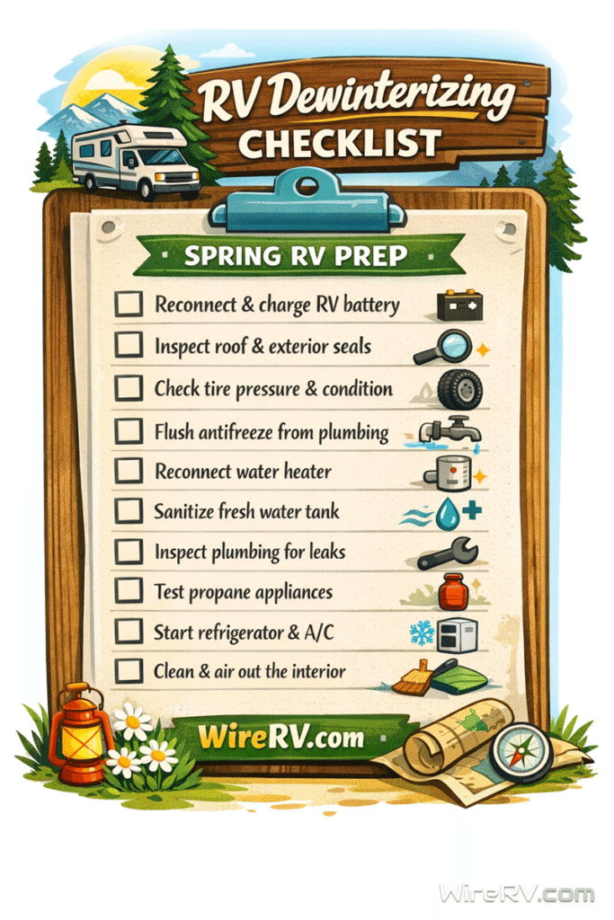Printable RV dewinterizing checklist for spring RV preparation.