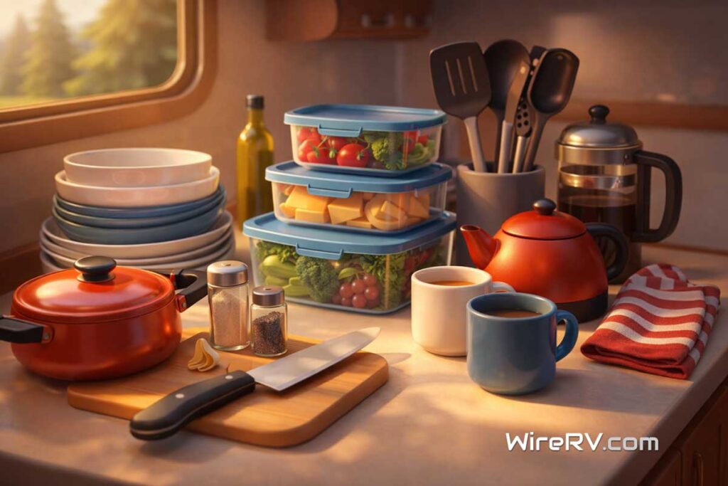 RV kitchen essentials collection arranged on a countertop inside a camper kitchen.