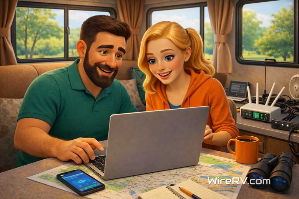 Hank and Summer using a laptop and maps for RV travel weather planning inside their RV.