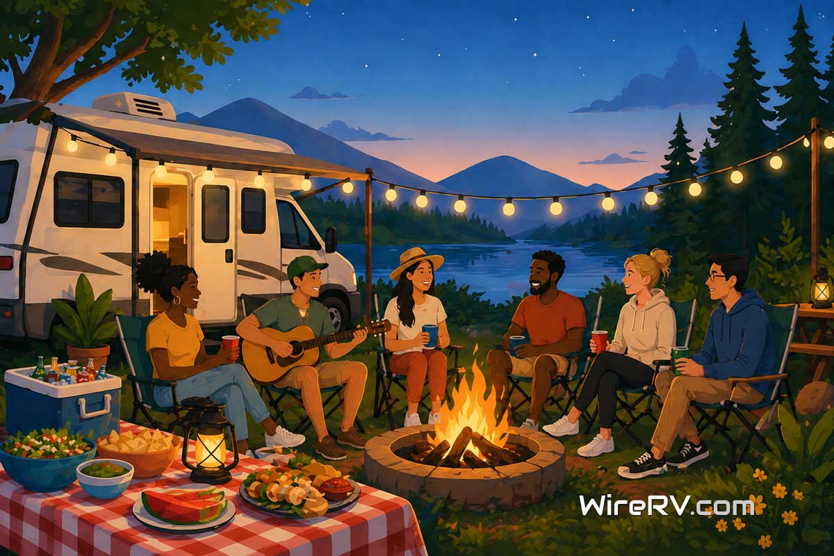 Campsite party with Hank and Summer hosting friends around a campfire, sharing food and drinks at an RV campsite gathering.