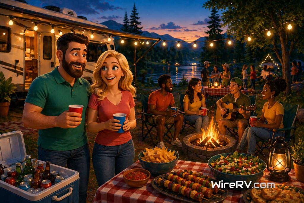 Campsite party with Hank and Summer hosting friends around a campfire, sharing food and drinks at an RV campsite gathering.
