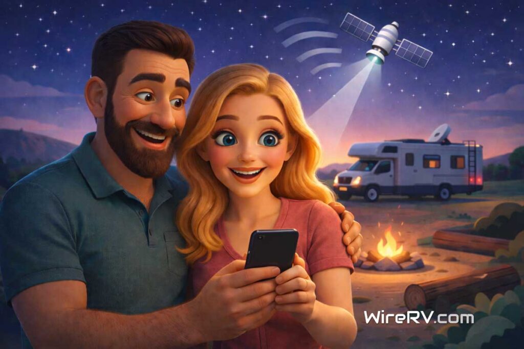 Globalstar RV Internet helping Hank and Summer communicate in a remote campsite at night.