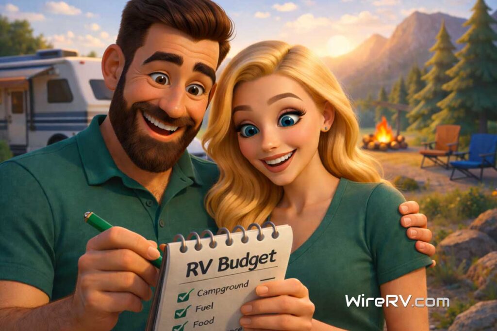 Hank and Summer reviewing an RV budget checklist at a campsite with categories like campground, fuel, and food.