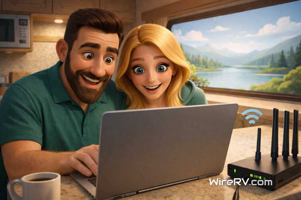 Hank and Summer reviewing their RV Cellular Setup on a laptop inside their RV.