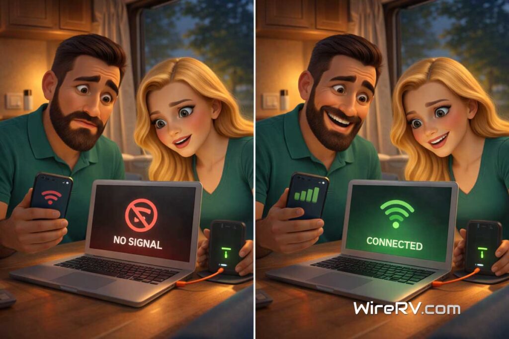 RV Internet Backup System restoring connection inside an RV with Hank and Summer Hank and Summer inside RV using a laptop and mobile hotspot with an RV Internet Backup System restoring connection after signal loss.