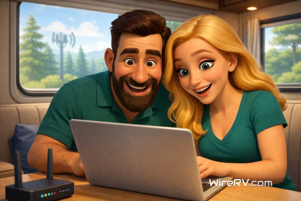 RV Internet Without Starlink setup with Hank and Summer using a laptop and cellular router inside their RV.