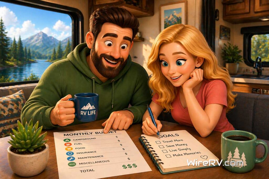 RV Monthly Cost planning inside an RV with a couple reviewing a budget sheet and writing financial goals at a table.