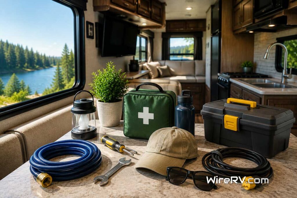 Organized RV Summer Prep Checklist interior with summer camping gear, tool box, water hose, lantern, and first-aid kit beside a scenic lakeside campground view.