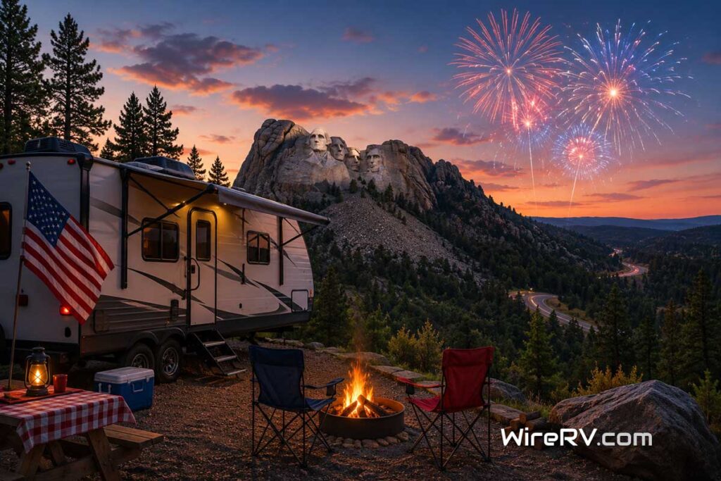 Fourth of July Destinations with RV Camping Near Mount Rushmore RV campsite overlooking Mount Rushmore at sunset with fireworks during a Fourth of July Destinations road trip.