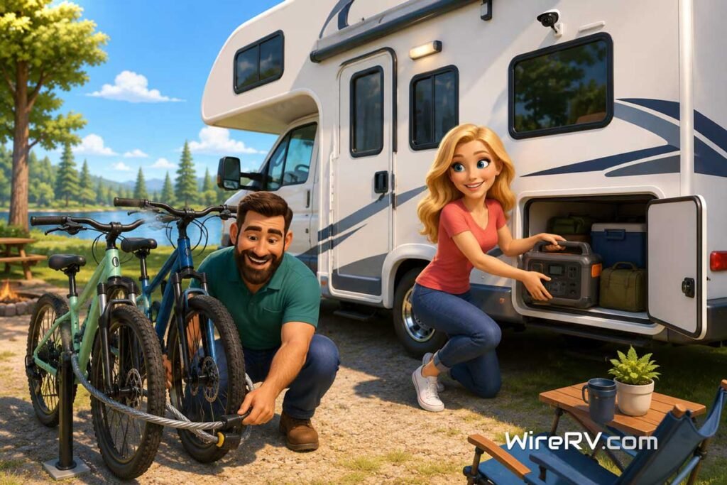 RV Campsite Security Tips for Bikes and Valuable Gear RV Campsite Security with Hank locking two bikes while Summer stores a portable power station in their RV storage bay.