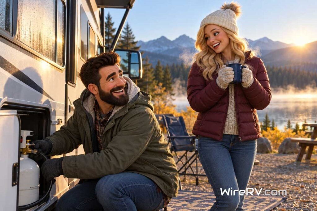 Hank and Summer enjoy a chilly morning beside their RV while preparing for cold weather RV camping.